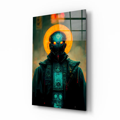 Dark robotic figure with glowing orange eyes and halo, wearing teal patterned robes, displayed on angled glass panel.