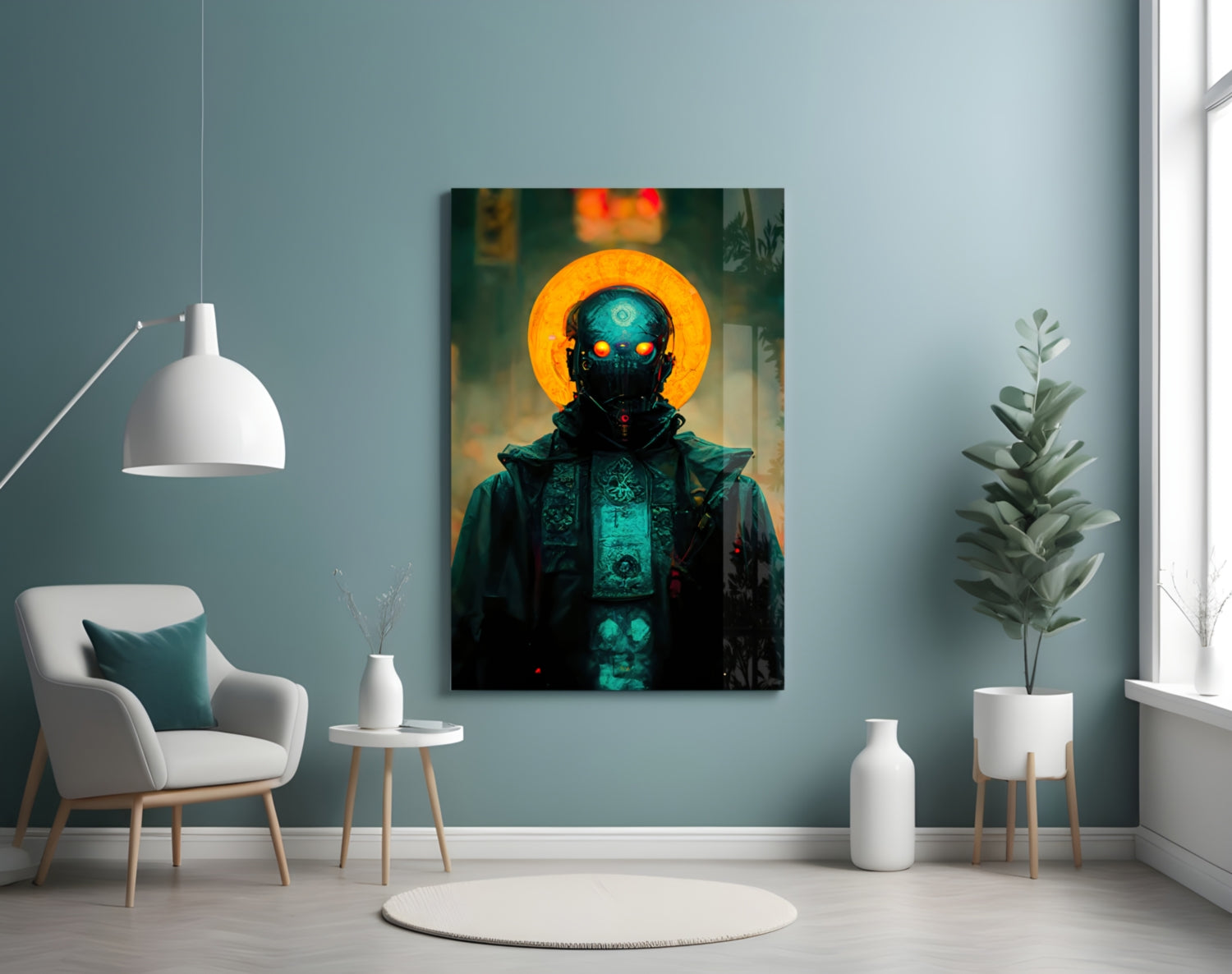 Modern living room with muted blue-green walls featuring a centered glass wall art depicting a cybernetic figure with glowing orange halo and cyan accents.
