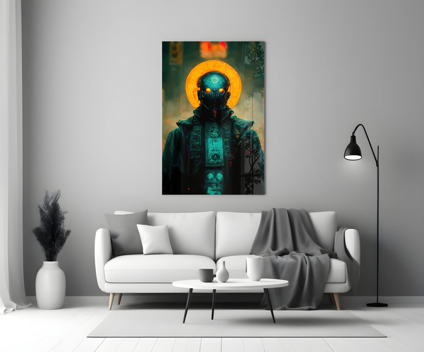 Futuristic figure with glowing blue eyes and orange halo displayed on glass art panel above white sofa in minimalist room.