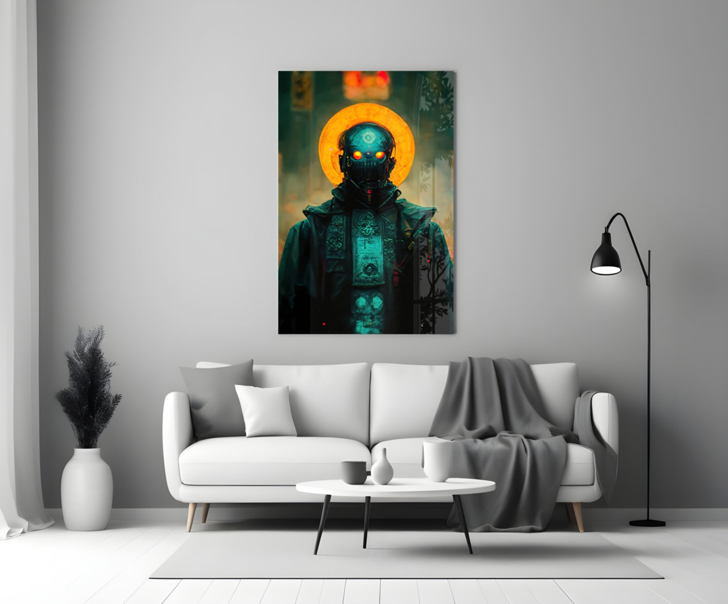 Futuristic figure with glowing blue eyes and orange halo displayed on glass art panel above white sofa in minimalist room.