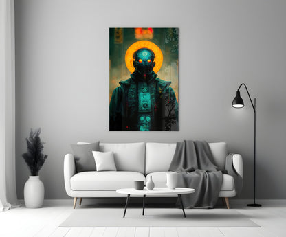 Futuristic figure with glowing blue eyes and orange halo displayed on glass art panel above white sofa in minimalist room.