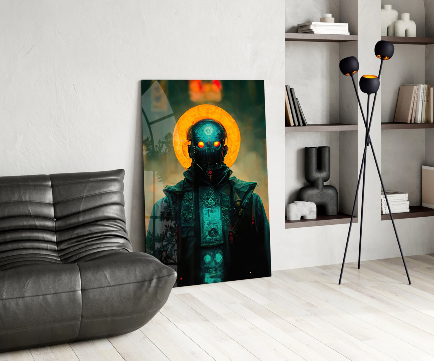 Digital artwork on glass panel depicting a figure with glowing cyan face and orange halo, displayed in modern living room with leather sofa and shelving.