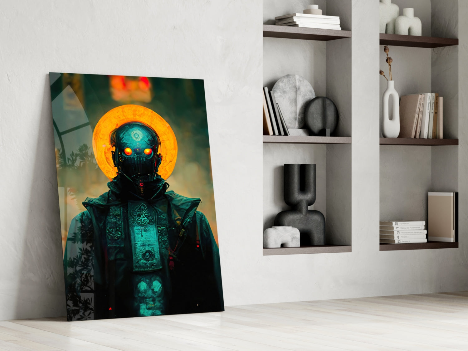 Glass wall art leaning against white wall displays teal-robed figure with glowing orange halo and blue face against dark background.