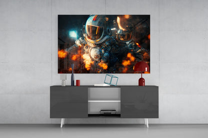 Modern living room with dark gray TV console displaying two astronauts against orange explosions on mounted screen above.