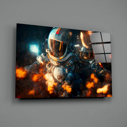 Angled view of glass wall art displaying two astronauts in spacesuits surrounded by orange flames and explosions against dark space background.