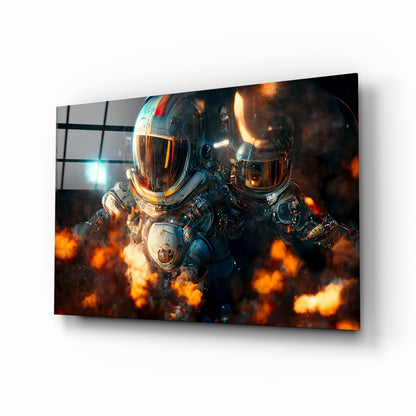 Two astronauts in spacesuits with reflective gold helmets amid orange flames and explosions, displayed as glass wall art.