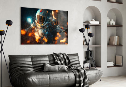 Framed glass wall art depicting a sci-fi astronaut surrounded by orange explosions, displayed above a black leather sofa in a modern living room.