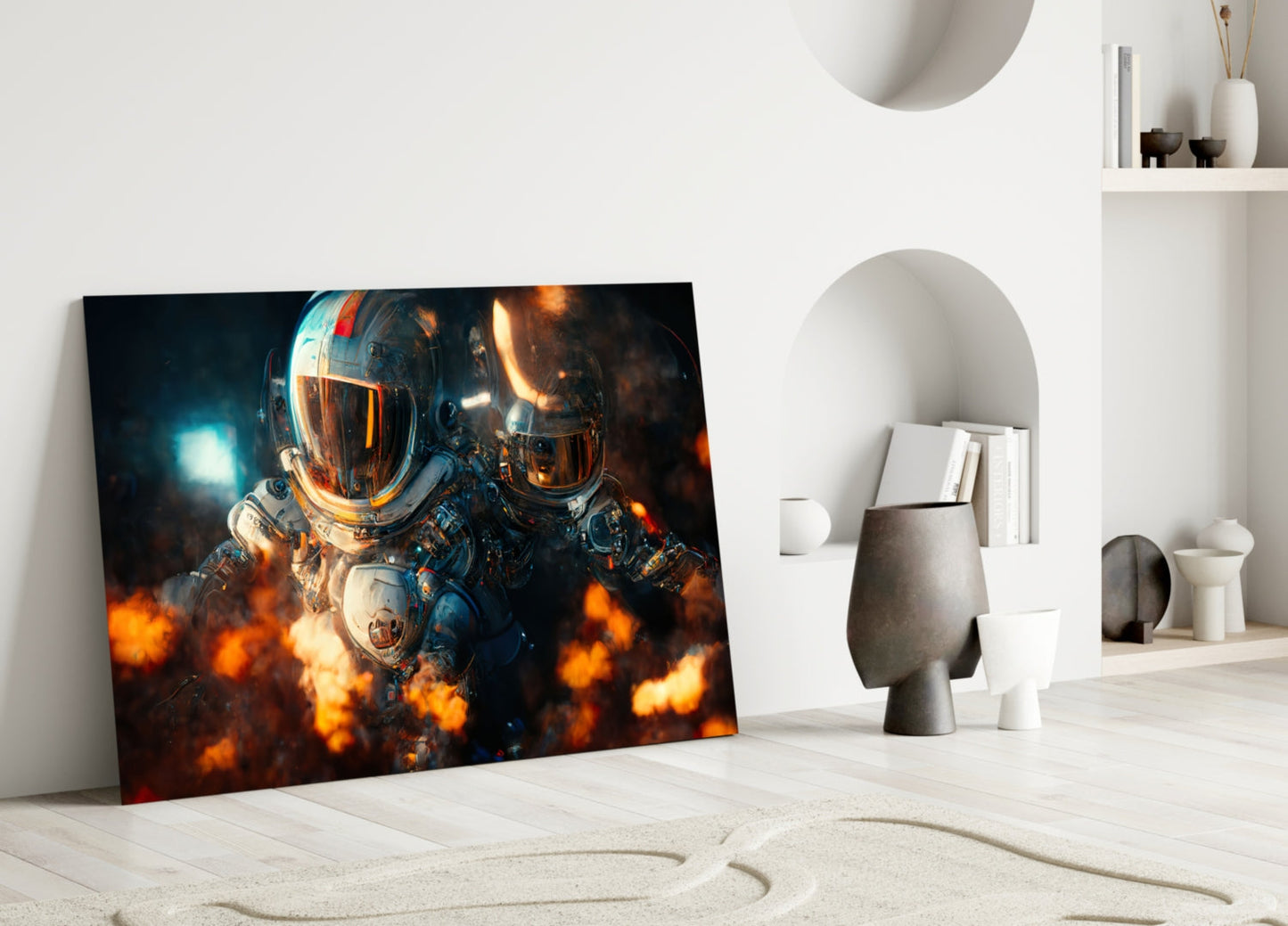 Futuristic astronauts in glowing spacesuits surrounded by orange flames, displayed as framed glass art in minimalist white interior setting.