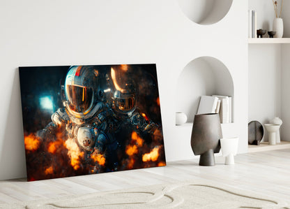 Futuristic astronauts in glowing spacesuits surrounded by orange flames, displayed as framed glass art in minimalist white interior setting.