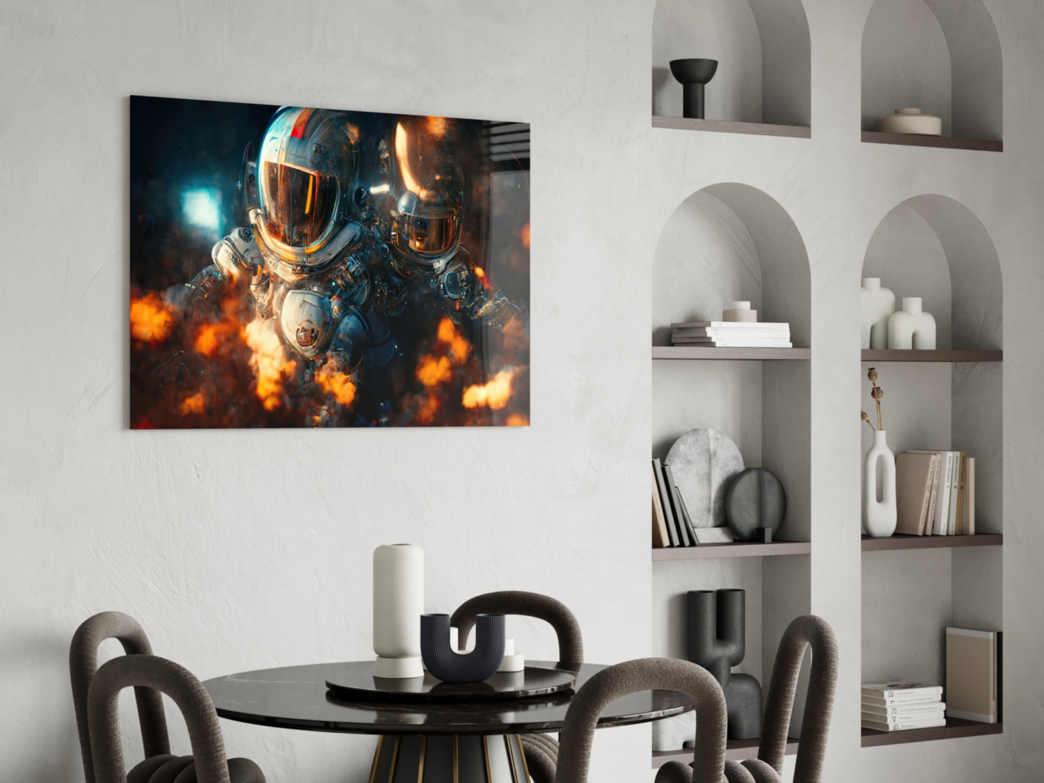 Futuristic astronaut artwork with glowing orange flames and blue lighting displayed above a round black dining table with fabric chairs in a minimalist white interior.