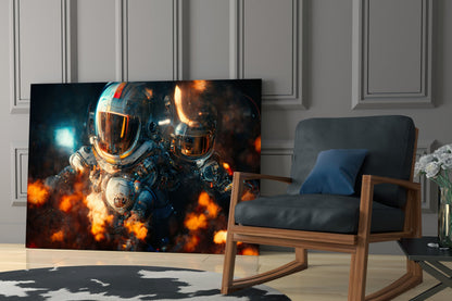 Two astronauts in spacesuits surrounded by orange flames and explosions displayed on a large glass panel in a modern living room setting.