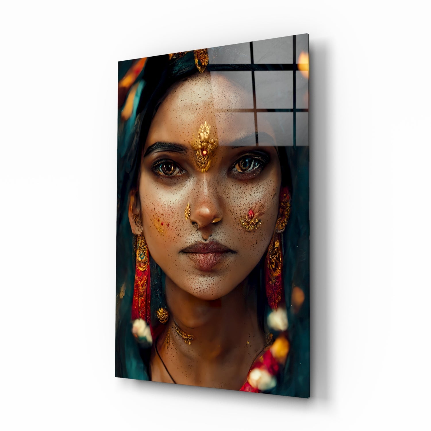Portrait of a woman with golden facial jewelry and freckles printed on glass with geometric grid overlay, angled three-quarter view.