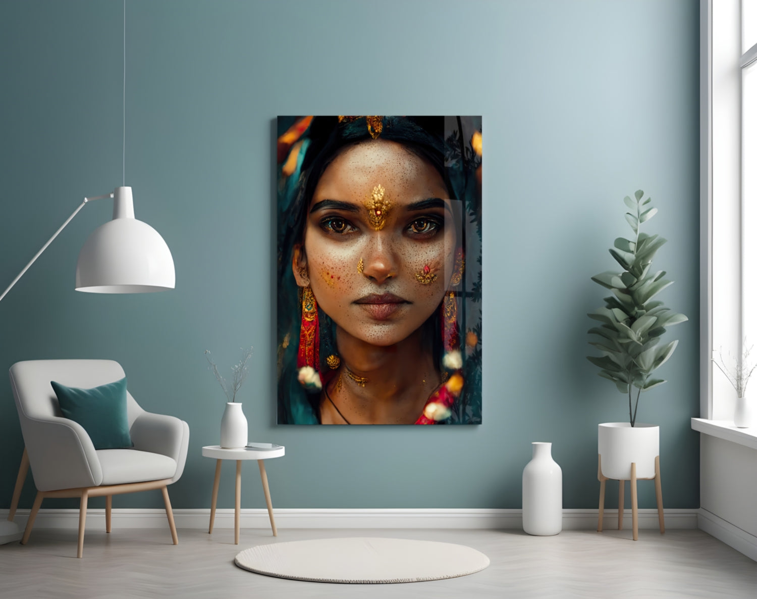 Glass art print of a woman with gold facial markings and colorful traditional jewelry displayed on a teal wall in a modern living room setting.