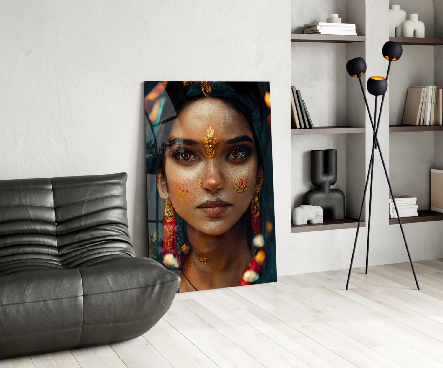 Portrait glass art depicting a woman with golden bindi and face jewels displayed in modern living room setting.