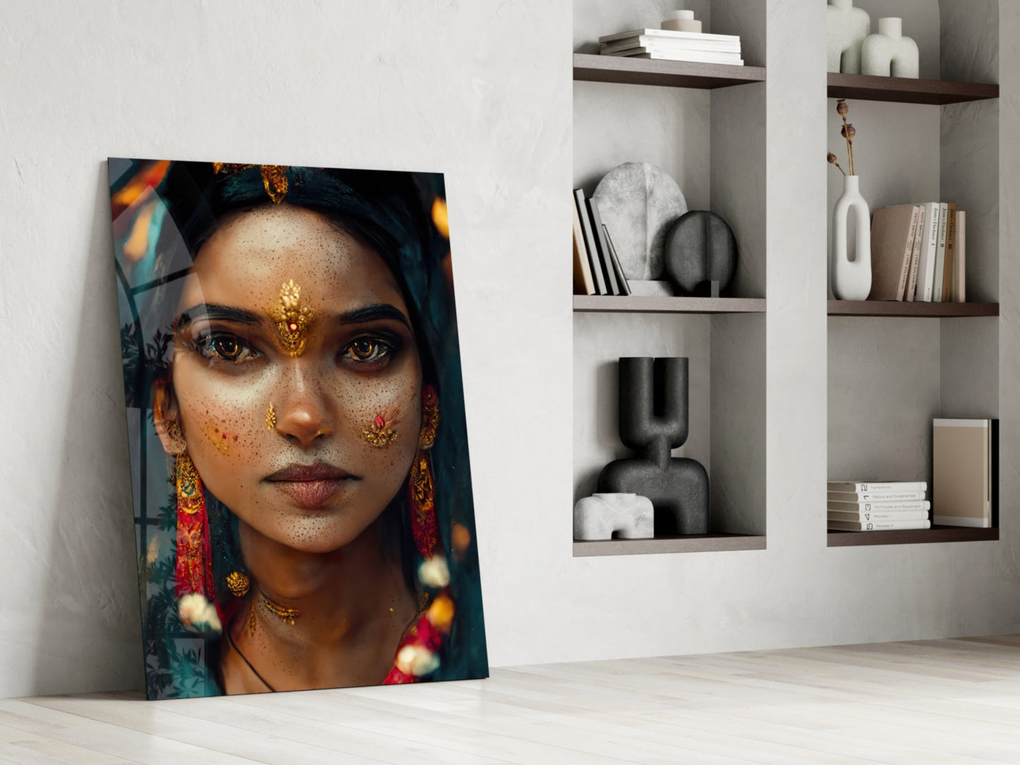 Glass art portrait leaning against white wall showing woman with gold bindi and freckles, styled shelving beside.