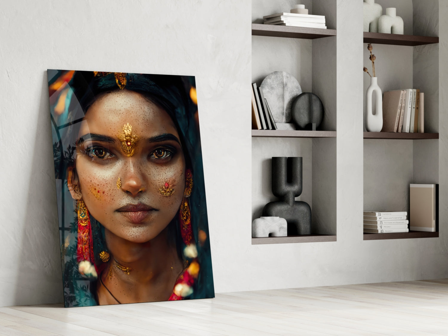 Glass art portrait leaning against white wall showing woman with gold bindi and freckles, styled shelving beside.