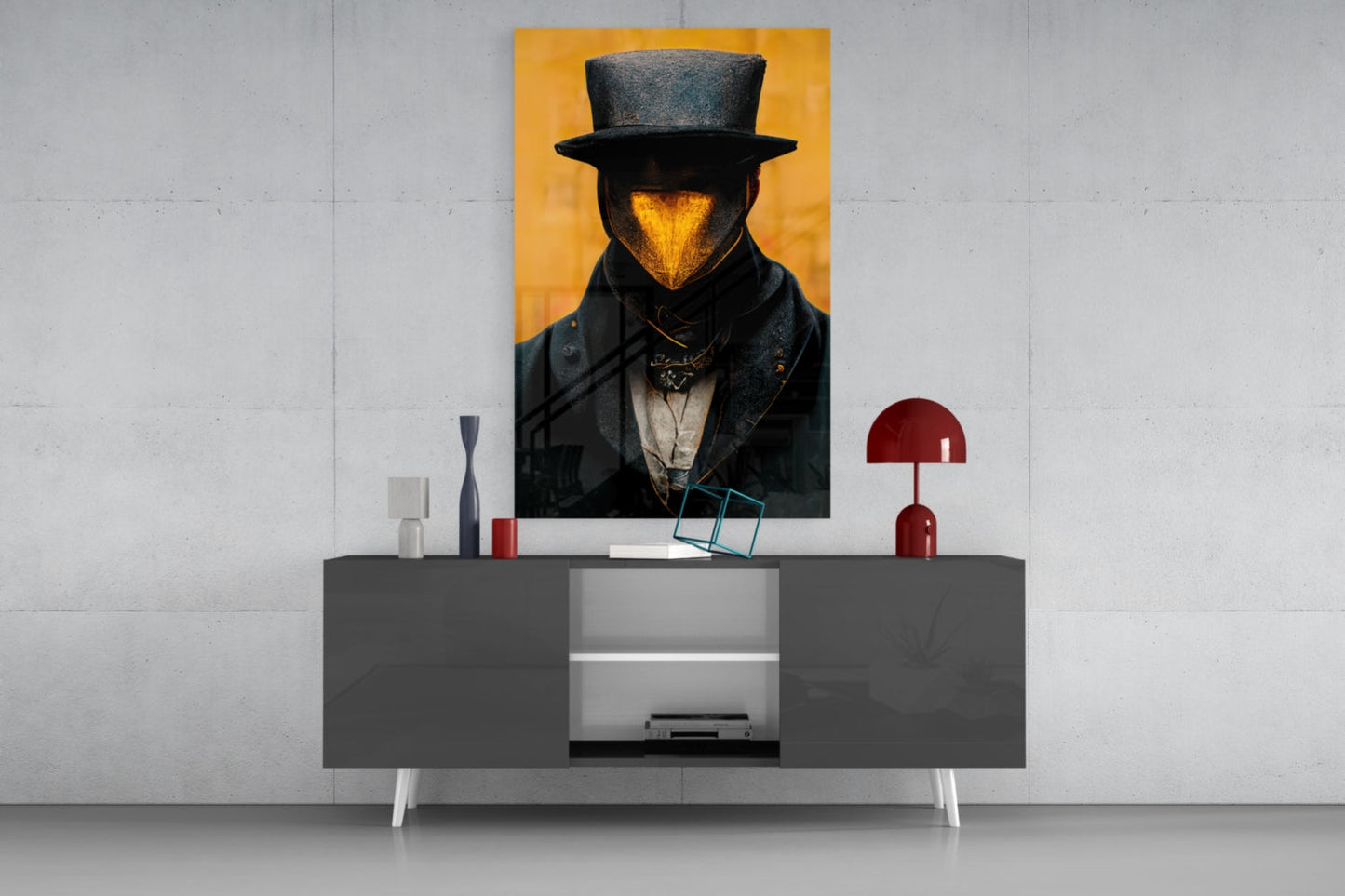 Mr. Beak Glass Art displayed on dark console with red lamp, styled against golden-yellow portrait on white wall.