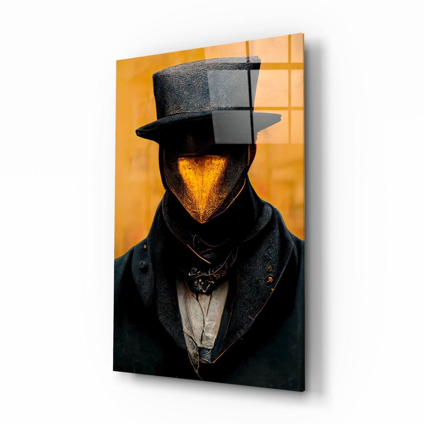 Glass art panel featuring a figure in a top hat and dark coat with glowing golden face against warm orange and yellow background with grid pattern.