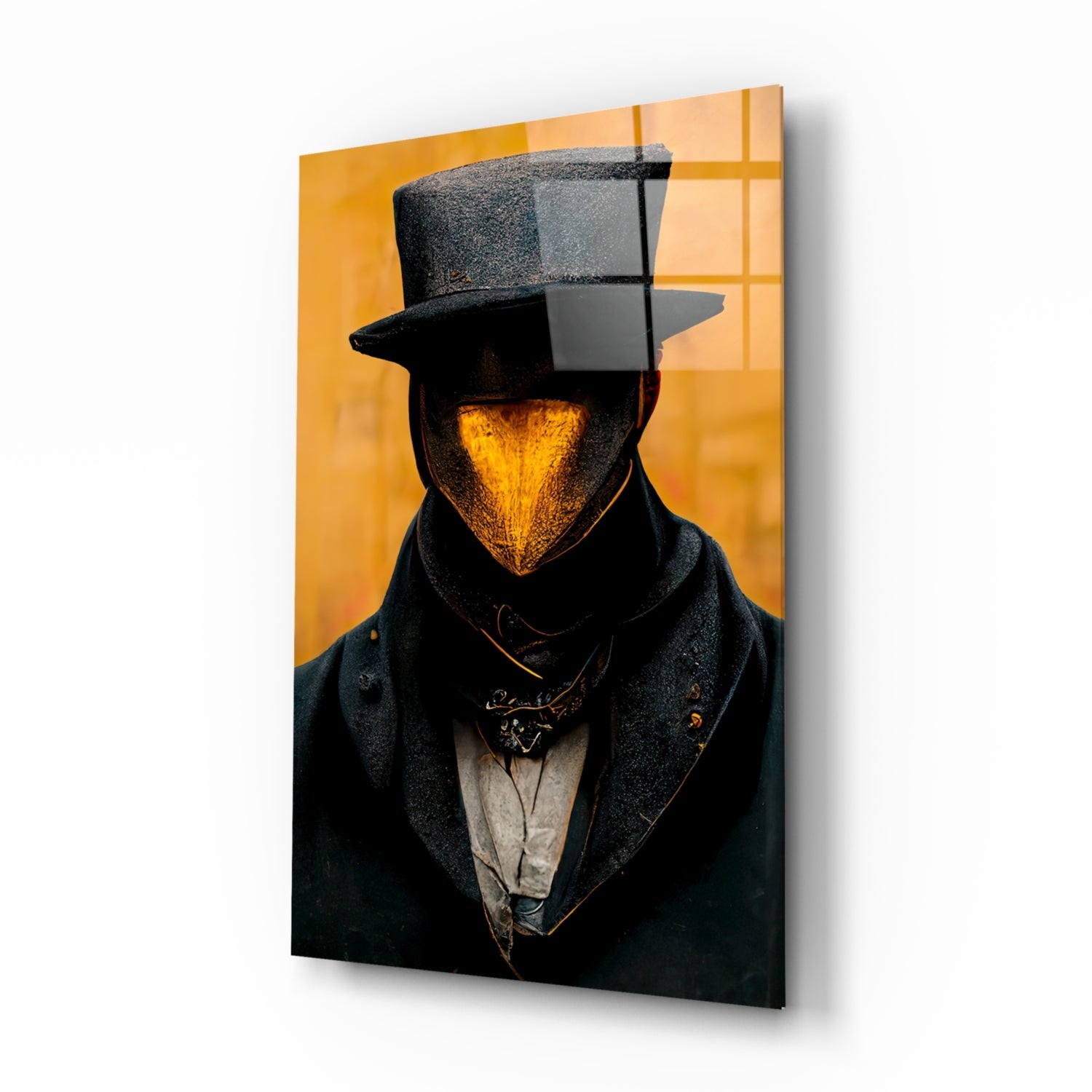 Glass art panel featuring a figure in a top hat and dark coat with glowing golden face against warm orange and yellow background with grid pattern.