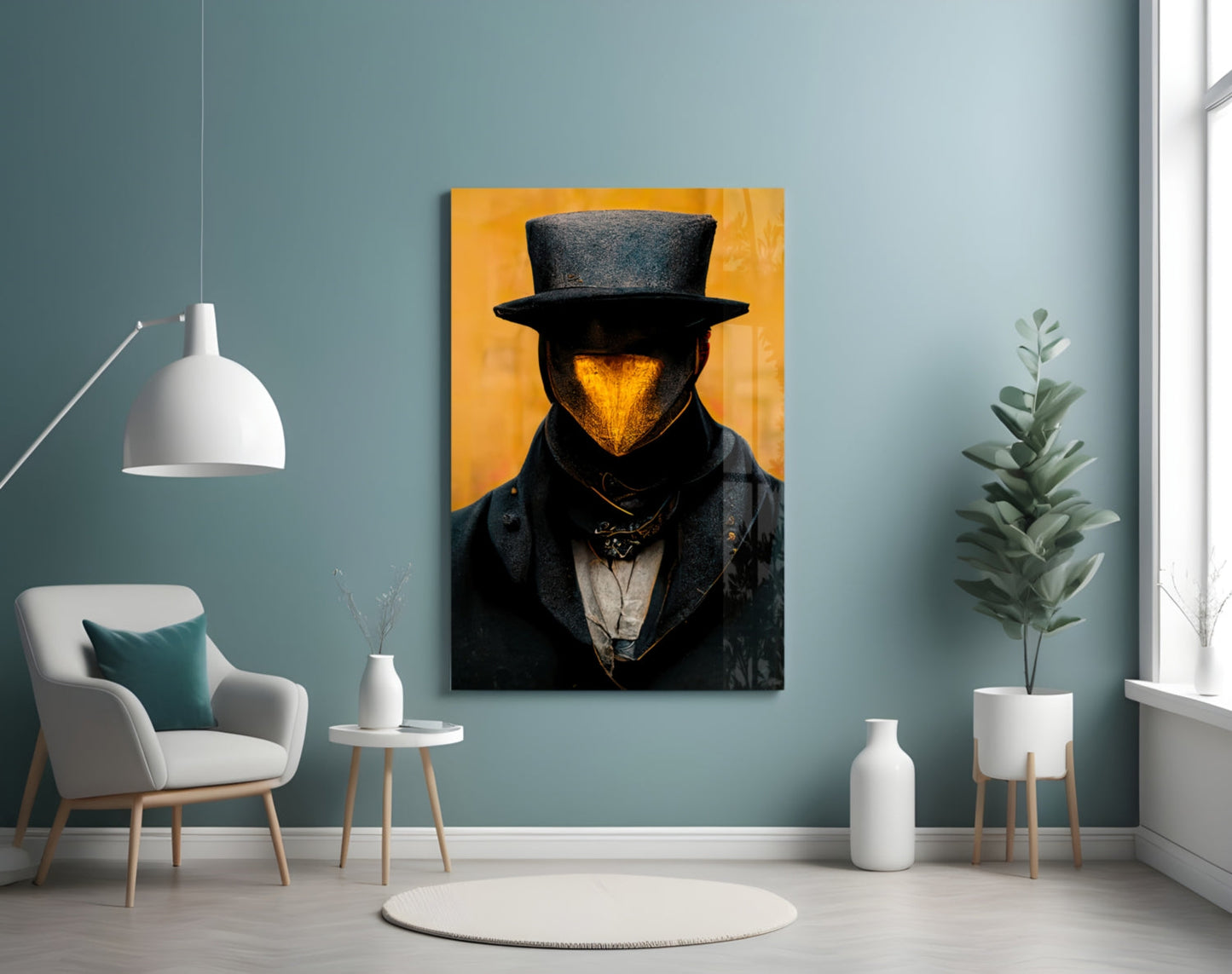 Mr. Beak Glass Art portrait canvas displayed on teal wall above white chair in modern interior setting.