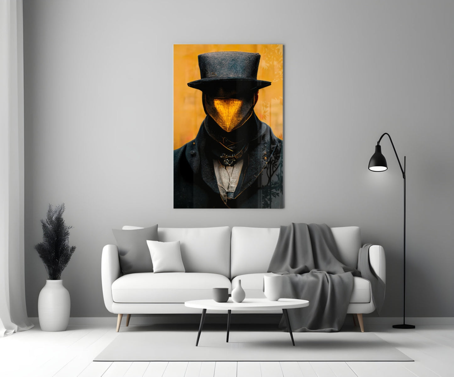 Mr. Beak Glass Art hanging on wall above white sofa in modern living room interior, depicting figure in top hat with golden face against yellow background.