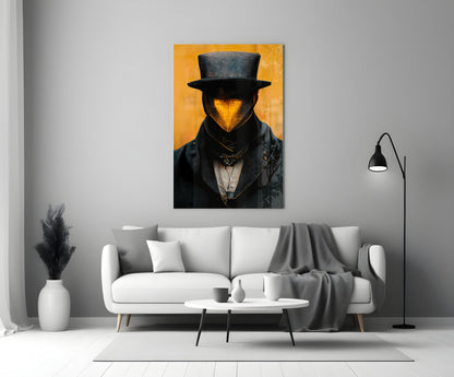 Mr. Beak Glass Art hanging on wall above white sofa in modern living room interior, depicting figure in top hat with golden face against yellow background.