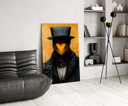 Contemporary living room with "Mr. Beak" artwork featuring a top-hatted figure with golden face against yellow background, displayed next to gray leather sofa and black decorative floor lamp.