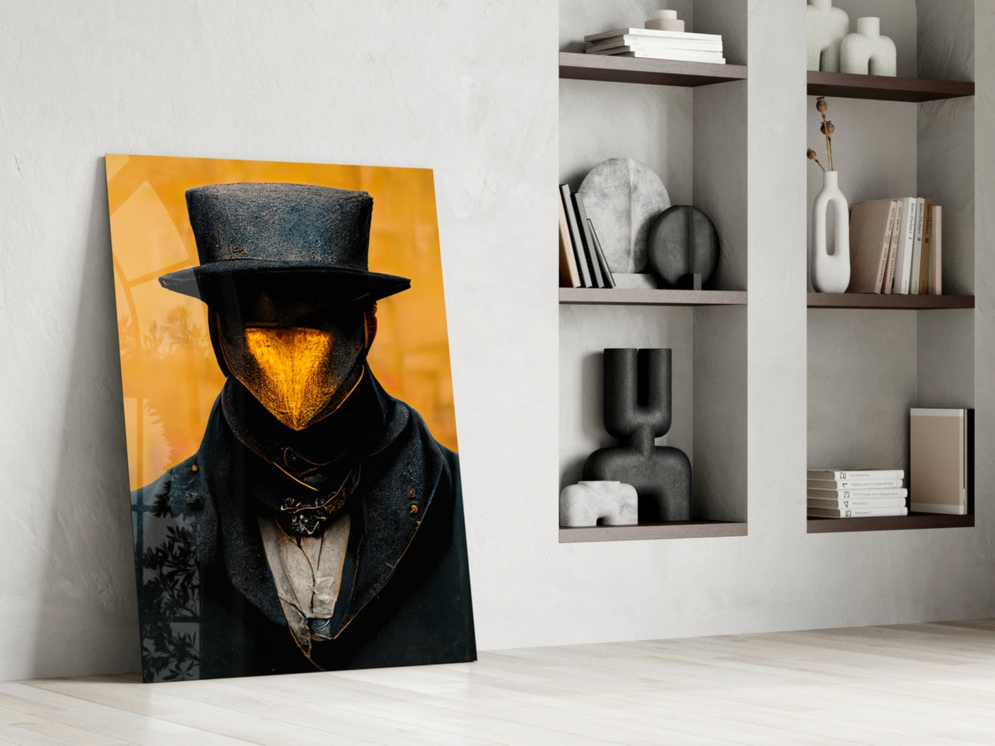 Mr. Beak glass art canvas leaning against white wall beside shelving unit, featuring figure in top hat with golden face against yellow background.