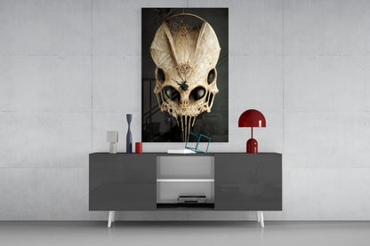 Ornate cream and black skull glass art displayed on dark gray sideboard with red lamp and decorative objects against white wall.