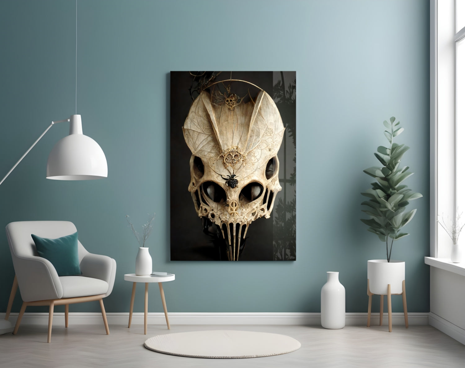 Ornate skull artwork with delicate bone-white filigree patterns and black eye sockets displayed on a blue wall above a modern chair.