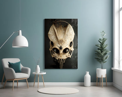 Ornate skull artwork with delicate bone-white filigree patterns and black eye sockets displayed on a blue wall above a modern chair.