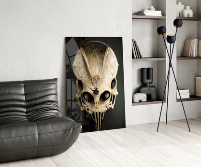 Ornate cream skull artwork with intricate lace patterns displayed in modern living room with gray leather sofa and black floor lamp.