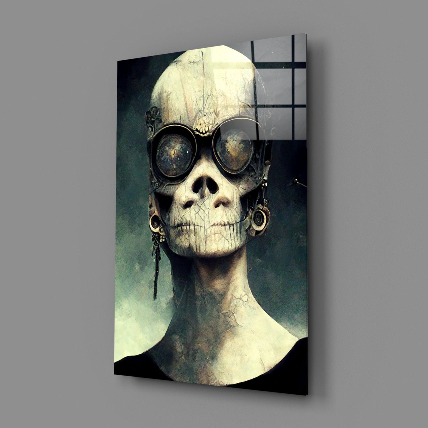 Angled view of glass art panel displaying a skeletal face wearing round dark glasses and ornate earrings against teal and cream gradient background.