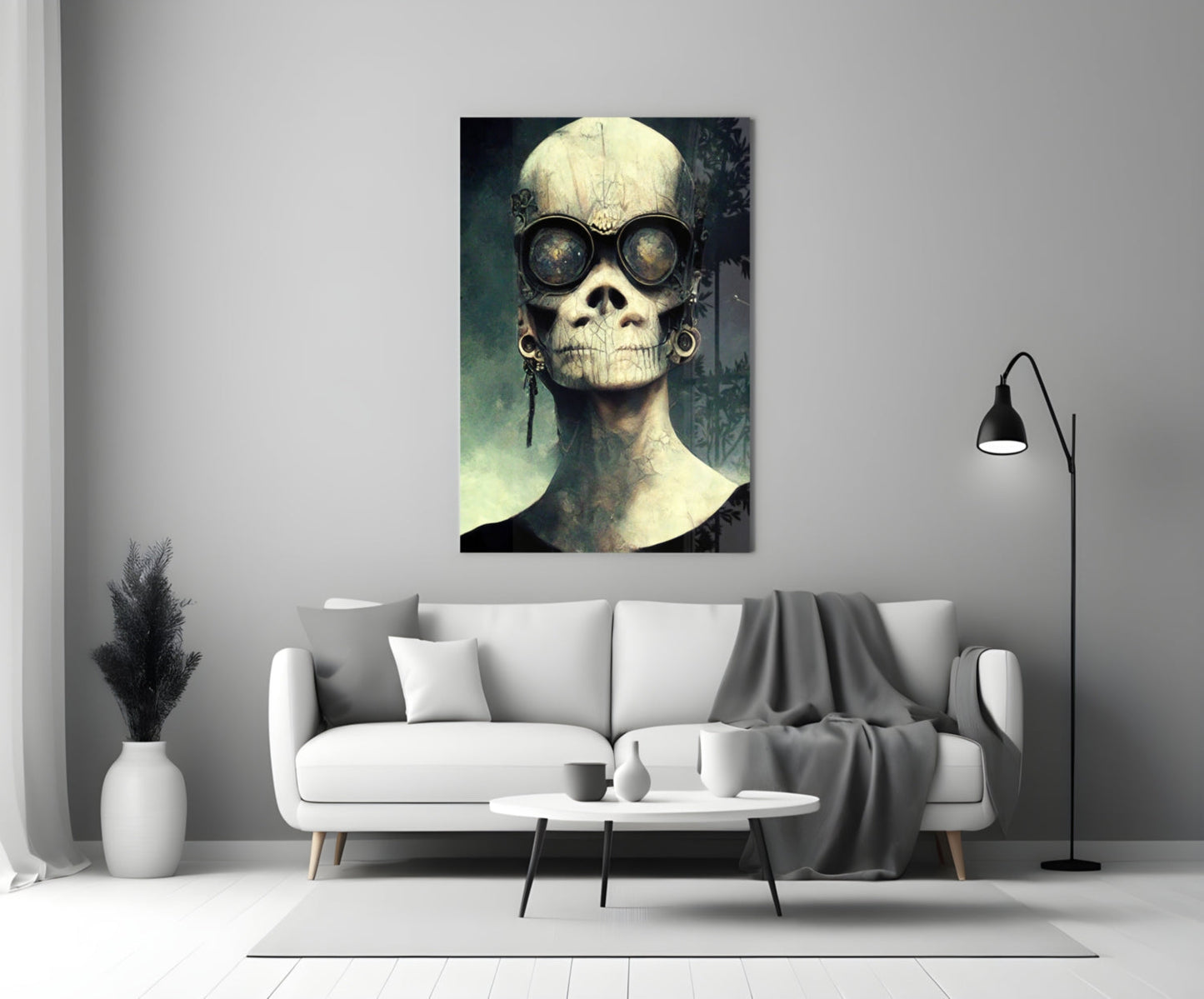Steampunk skull with goggles displayed above white sofa in minimalist living room interior.