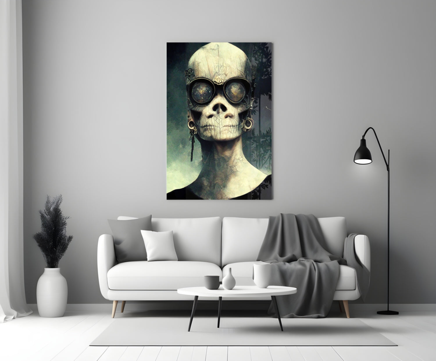Steampunk skull with goggles displayed above white sofa in minimalist living room interior.