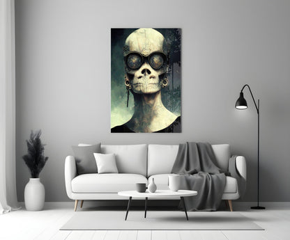 Steampunk skull with goggles displayed above white sofa in minimalist living room interior.