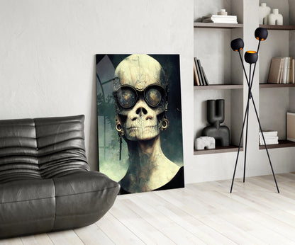 Modern living room interior featuring a vertical glass art panel depicting a skull-faced figure with oversized goggles and pale yellow tones.