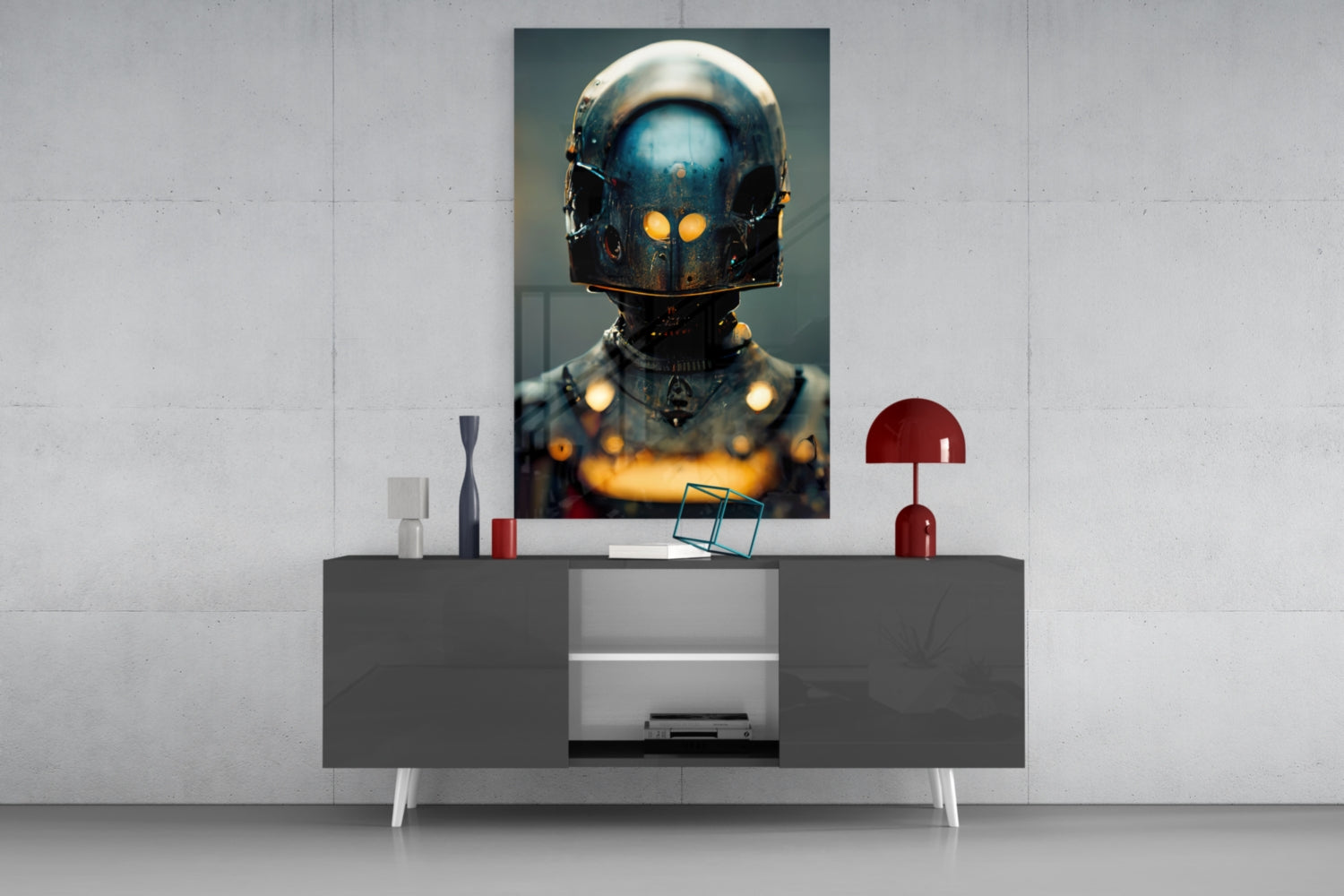 Fighter glass art panel mounted above gray media console, displaying metallic robotic head with glowing yellow eyes and golden chest lights against teal background.