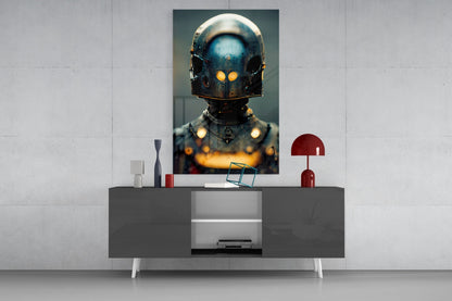 Fighter glass art panel mounted above gray media console, displaying metallic robotic head with glowing yellow eyes and golden chest lights against teal background.