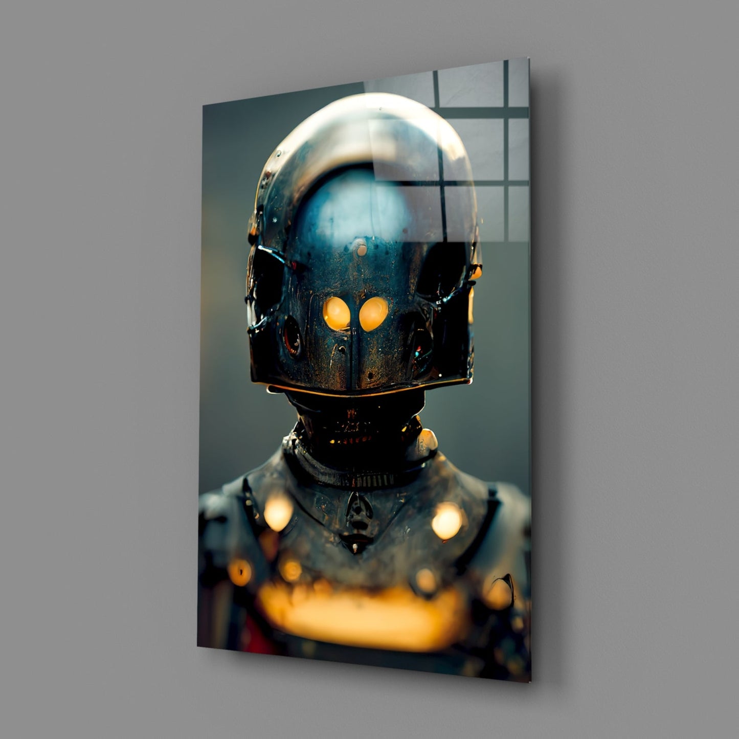 Dark futuristic robot head with glowing yellow eyes and chest lights on glass art panel against neutral background.