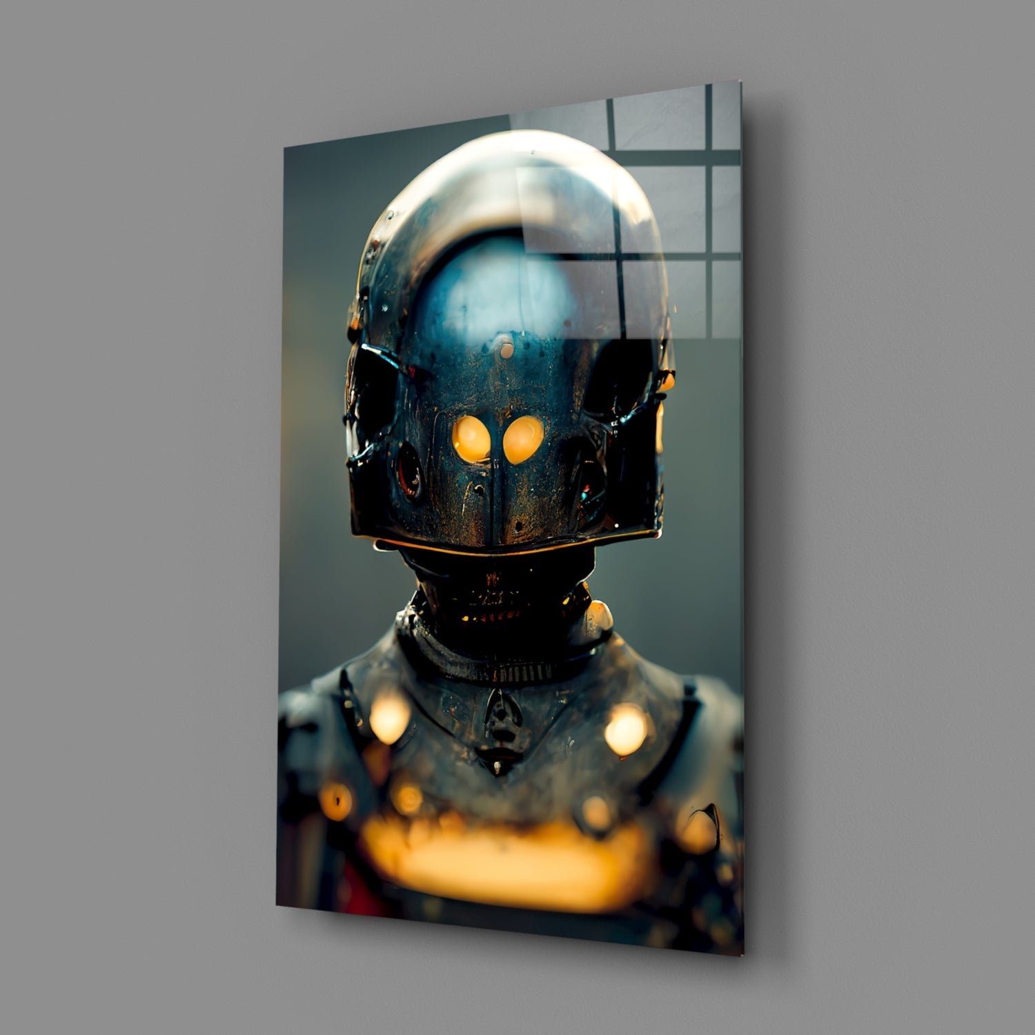 Dark futuristic robot head with glowing yellow eyes and chest lights on glass art panel against neutral background.