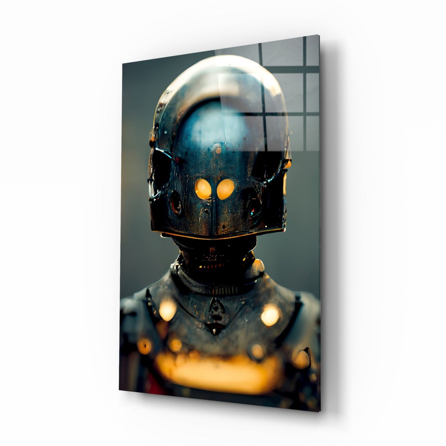 Futuristic robot head with glowing yellow eyes and metallic dark helmet displayed against teal background on glass art panel.