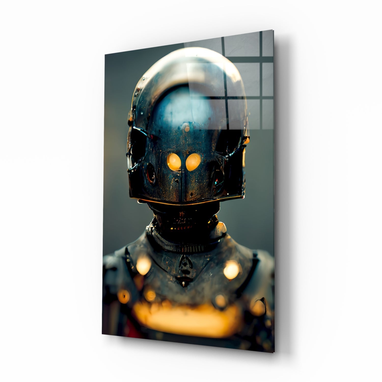 Futuristic robot head with glowing yellow eyes and metallic dark helmet displayed against teal background on glass art panel.
