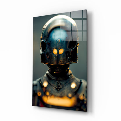Futuristic robot head with glowing yellow eyes and metallic dark helmet displayed against teal background on glass art panel.