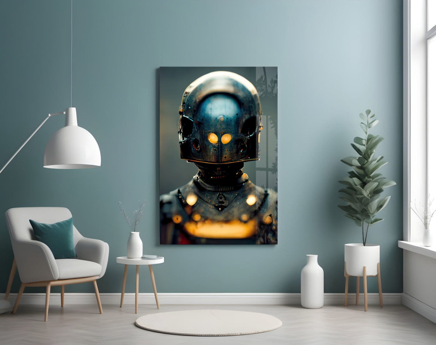 Dark metallic robot head with glowing orange eyes and chest lights displayed on canvas in modern teal interior room.