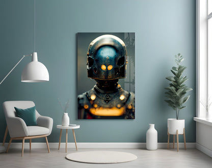 Dark metallic robot head with glowing orange eyes and chest lights displayed on canvas in modern teal interior room.