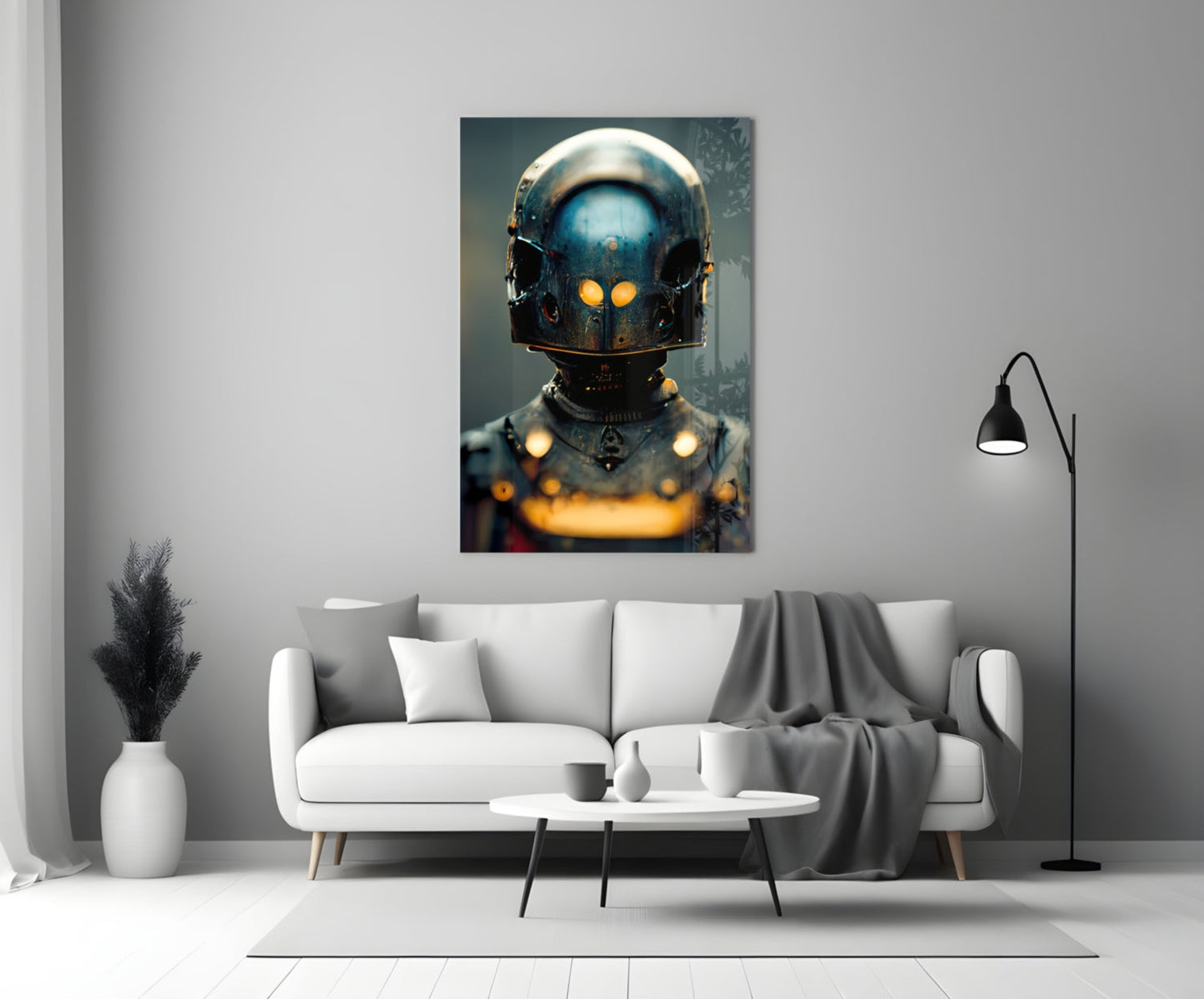 Futuristic robot head with glowing orange eyes and metallic blue helmet mounted on white living room wall above sofa.