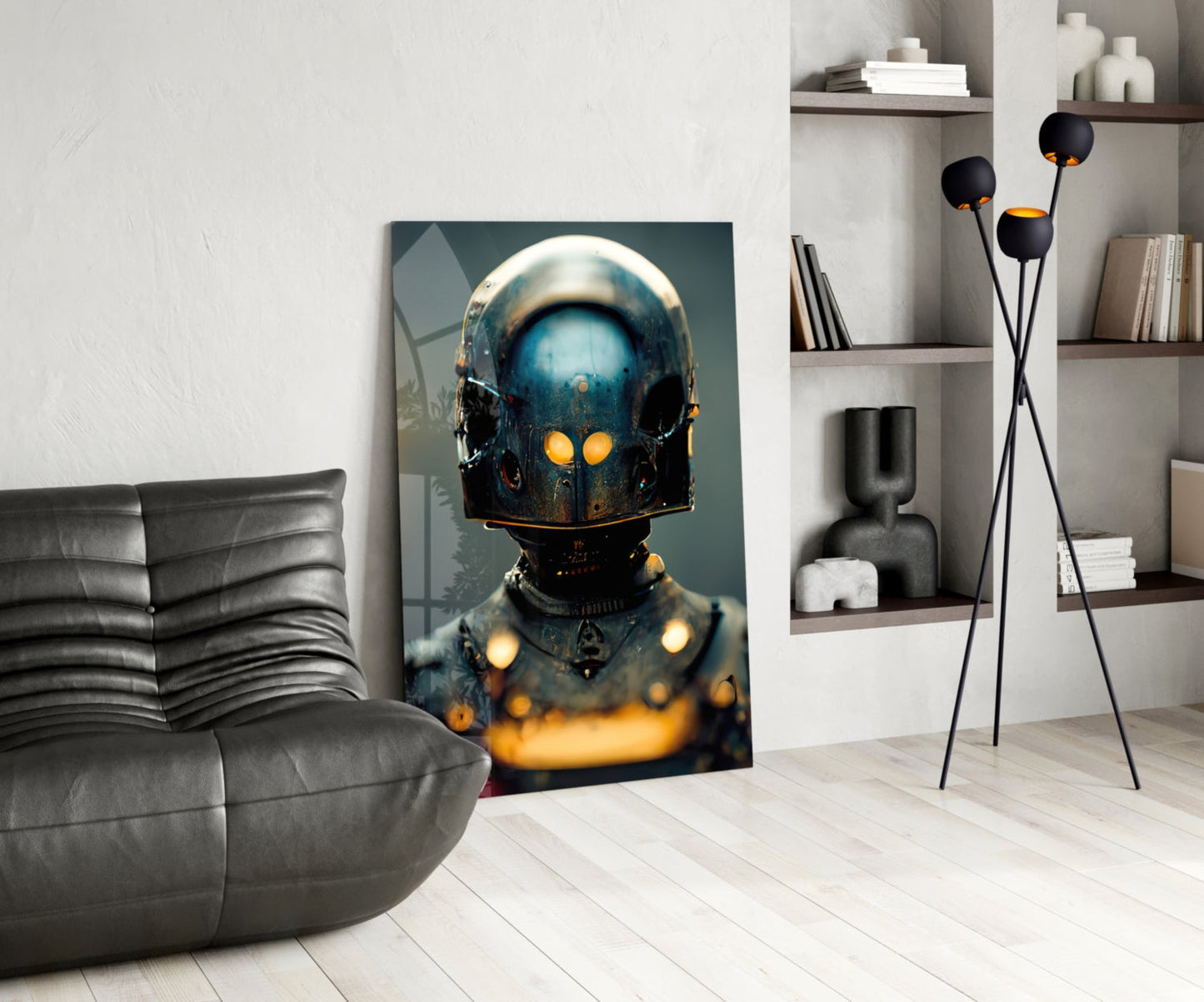 Futuristic robotic head with glowing orange eyes and blue metallic finish displayed in modern living room with gray sofa and shelving.
