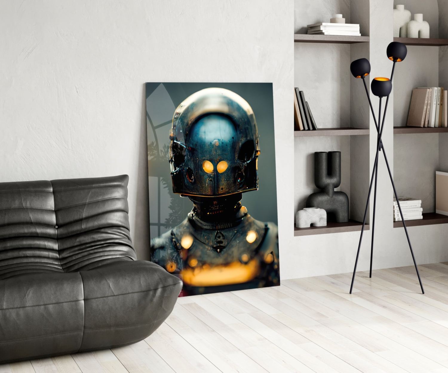 Futuristic robotic head with glowing orange eyes and blue metallic finish displayed in modern living room with gray sofa and shelving.