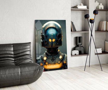 Futuristic robotic head with glowing orange eyes and blue metallic finish displayed in modern living room with gray sofa and shelving.